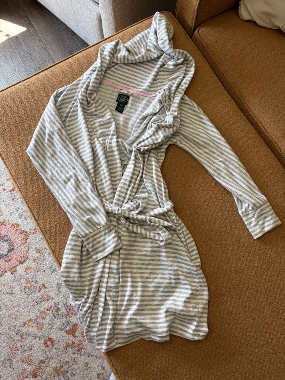 Laura Ashley Gray & White Striped Hooded Robe with Pink Trim